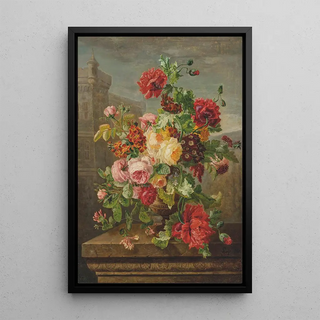 JeanPierre Lays - Roses Poppies Honeysuckle and Polyanthus in a urn on a stone ledge.webp