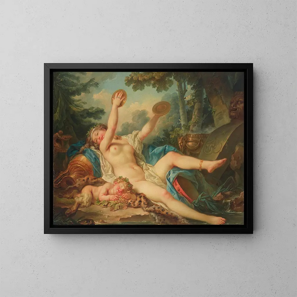 det liggende Bacchante-maleri, der spiller på cymbaler - Jean-Simon Berthélemy — indrammet kunstværk på væggen