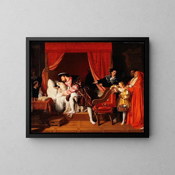 François I modtager de sidste åndedrag af Leonardo da Vinci - Jean-Auguste-Dominique Ingres — indrammet kunstværk på væggen