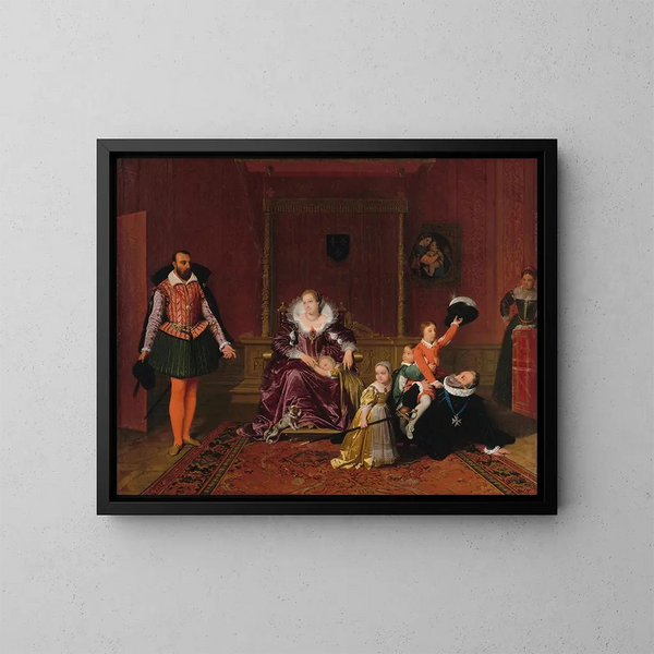 Henri IV-maleri, der leger med sine børn, da den spanske ambassadør blev modtaget i hans nærvær - Jean-Auguste-Dominique Ingres — indrammet kunstværk på væggen