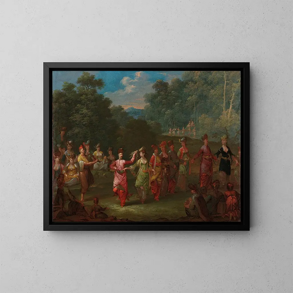 græske mænd og kvinder, der danser khorra - Jean-Baptiste Vanmour — indrammet kunstværk på væggen