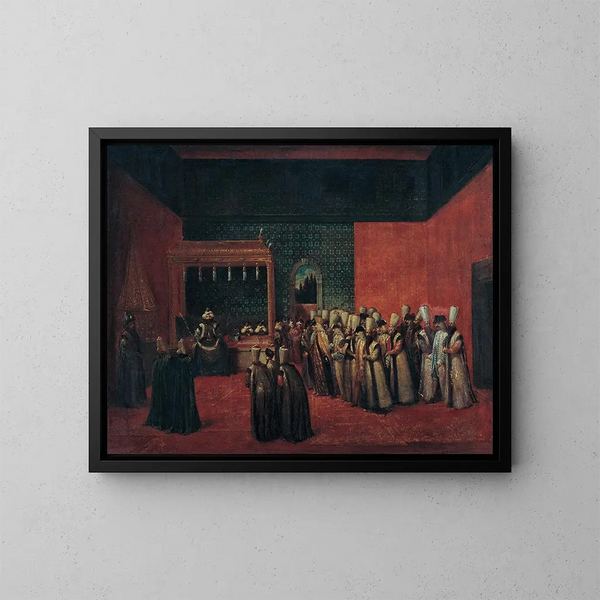 Sultan Ahmed III modtager en europæisk ambassadør - Jean-Baptiste Vanmour — indrammet kunstværk på væggen
