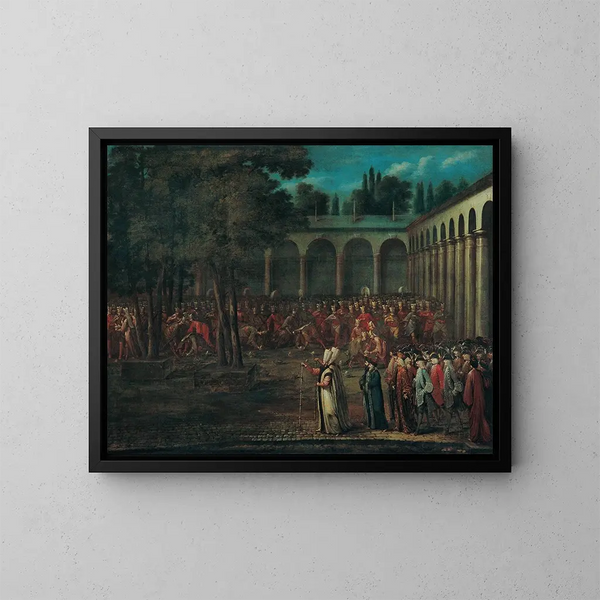 La délégation ambassadrice traversant le deuxième cour de palais de Topkapi - Jean-Baptiste Vanmour — indrammet kunstværk på væggen
