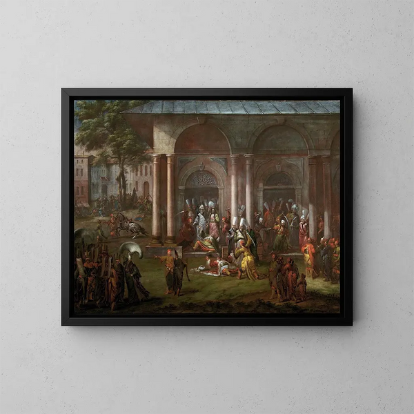 "Le meurtre de Patrona Halil et de ses compagnons rebelles" - Jean-Baptiste Vanmour — indrammet kunstværk på væggen