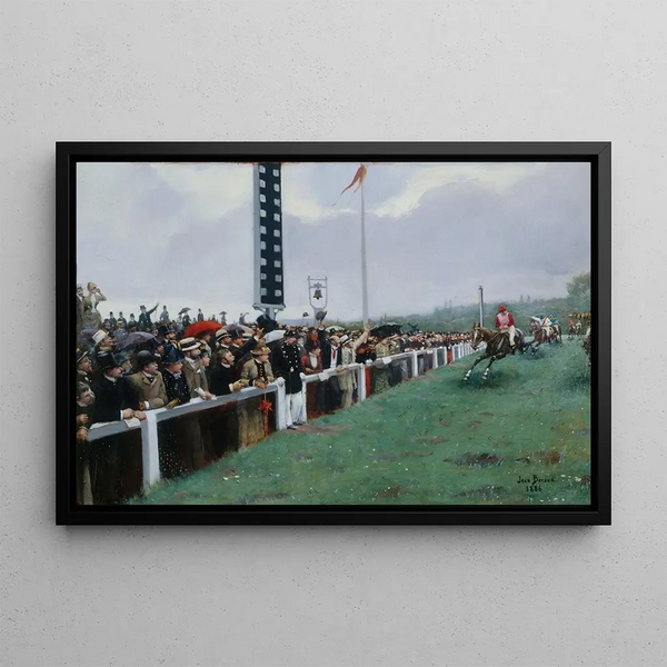 Courses à Longchamp, ankomsten ved pælen - Jean Béraud — indrammet kunstværk på væggen