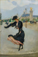 Elegant maleri foran Grand Palais på Alexandre III-broen - Jean Béraud — visning af kunstværket