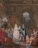 Et fest i et Louis XVI-indretningsmaleri oplyst af en kandilaber og en torche med et par, der danser menuet - Jean Démosthène Dugourc — visning af kunstværket