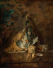 et maleri: En stilleben: To kaniner, en grå høne, jagtpose og en puddersæk - Jean Siméon Chardin — visning af kunstværket