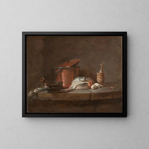 Udstyr til køkkenet med porrer, fisk og æg - Jean Siméon Chardin — indrammet kunstværk på væggen