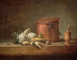 Jean Simon Chardin - Marmite de cuivre chouxfleurs et grugeoir avec son pilon sur un entablement.webp