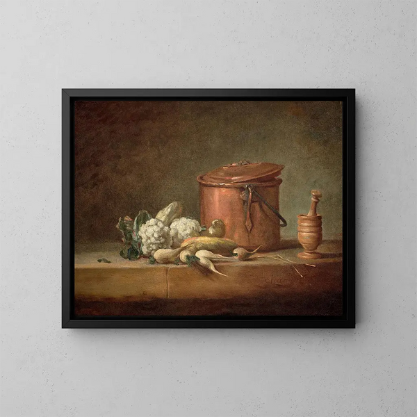 Marmite af kobber, blomkål og grugeoir med sin støder på en bordskånere - Jean Siméon Chardin — indrammet kunstværk på væggen