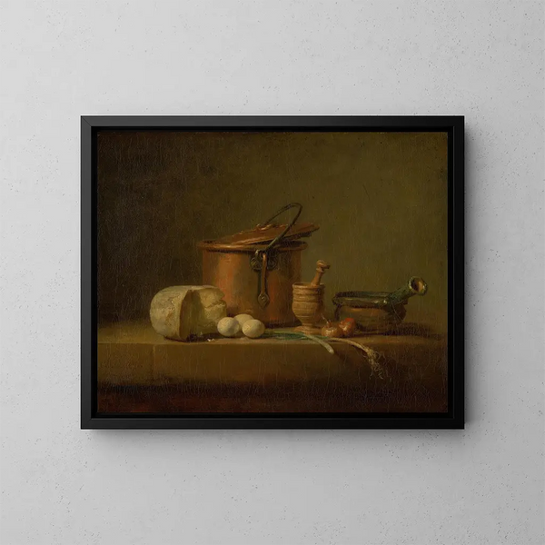 Naturtro med kobberkrukke, ost og æg - Jean Siméon Chardin — indrammet kunstværk på væggen