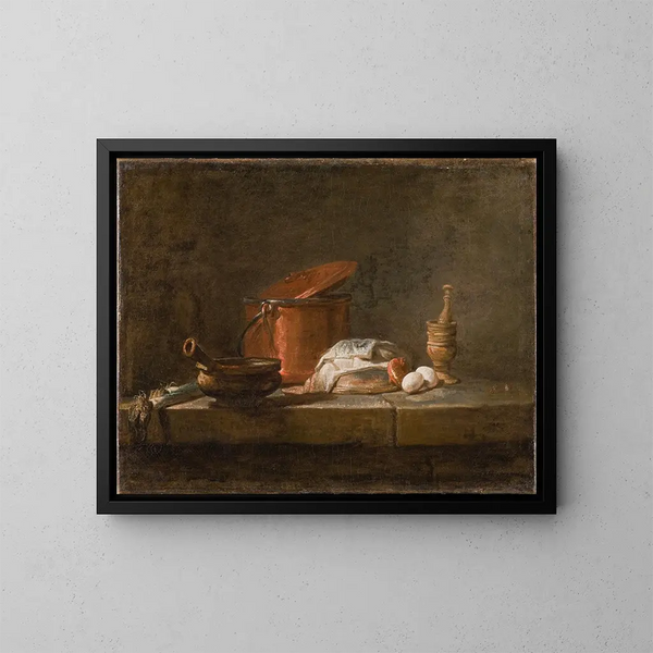 naturtro med køkkenredskaber og grøntsager - Jean Siméon Chardin — indrammet kunstværk på væggen