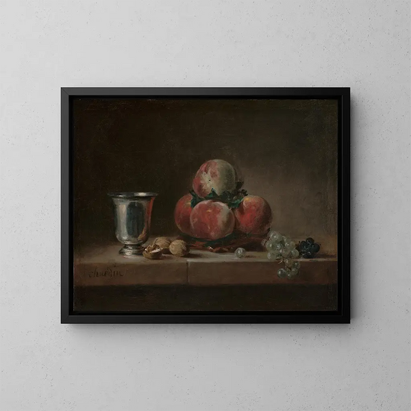 naturtro med ferskner, et sølvglas, druer og nødder - Jean Siméon Chardin — indrammet kunstværk på væggen