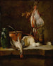 naturtro med en haj, en kurv med løg, æg, ost, en grøn kande og en kobberpotte - Jean Siméon Chardin — visning af kunstværket