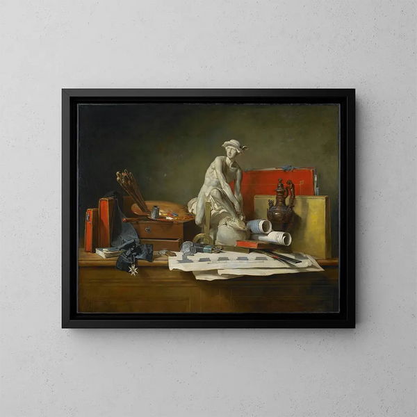 kunstens attributter og de priser, der tildeles dem - Jean Siméon Chardin — indrammet kunstværk på væggen
