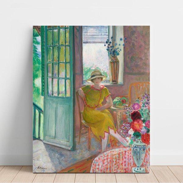 Reproduktion af maleriet af en ung kvinde i et blomstrende interiør - Henri Lebasque