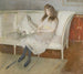 Unge pige sidder på en sofa kaldet Symfoni i hvid Mademoiselle Paulmier - Paul César Helleu — visning af kunstværket