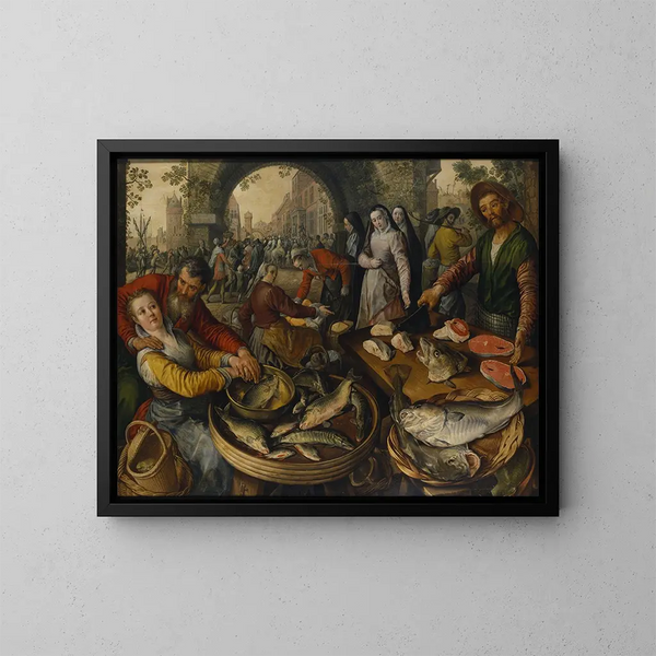 Markedet med fisk med Ecce Homo - Joachim Beuckelaer — indrammet kunstværk på væggen