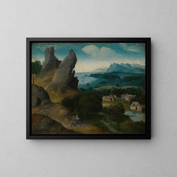 Landskabsmaleri med Flugten til Egypten - Joachim Patinier — indrammet kunstværk på væggen