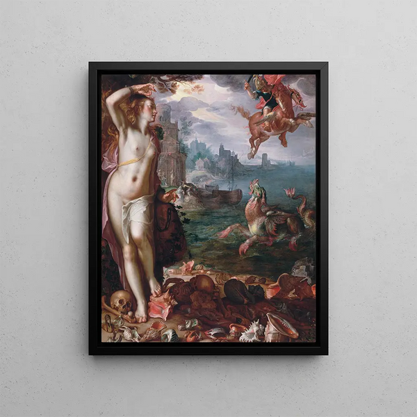 Persée frigiver Andromeda - Joachim Wtewael — indrammet kunstværk på væggen