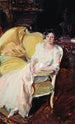 Clotilde siddende på sofaen - Joaquín Sorolla — visning af kunstværket