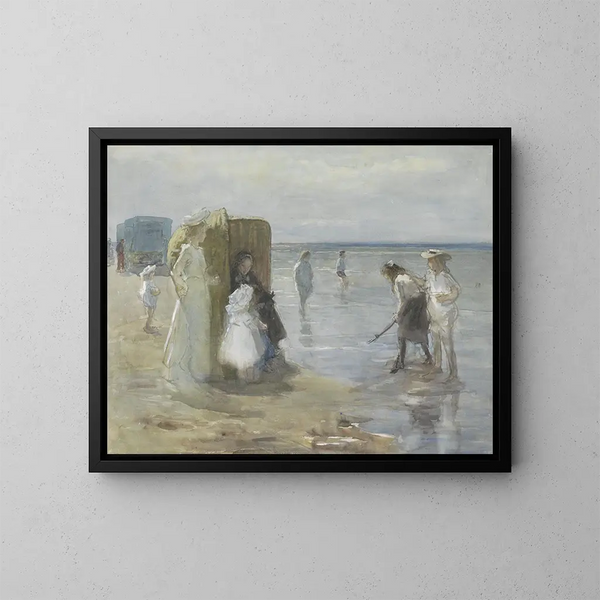 Vue le long de ligne de marée sur la plage de Scheveningen avec deux dames et des enfants - Johan Antonie de Jonge — indrammet kunstværk på væggen