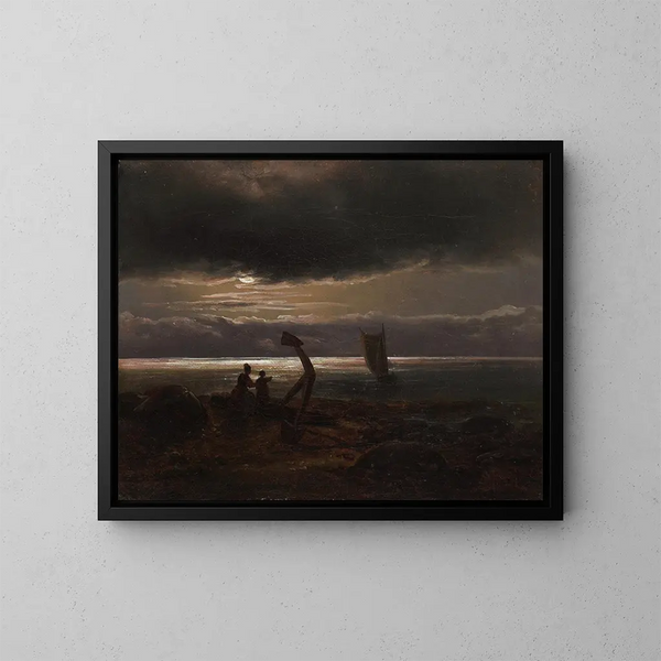 Mor og barn ved havet - Johan Christian Dahl — indrammet kunstværk på væggen