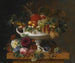 En klassisk urne med stikkelsbær, abrikoser, solbær, kirsebær, ferskner og ananas på en fod dækket af blomster - Johan Laurentz Jensen — visning af kunstværket