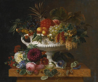 Johan Laurentz Jensen - A Classical Urn with Gooseberries Apricots Currents Cherries Peaches and Pineapple set on a Flower Covered Plinth.webp