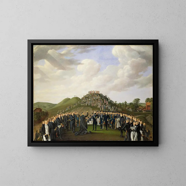 "Konge Charles XIV Johan besøger Old Uppsala's tumler" fra 1834 - Johan Way — indrammet kunstværk på væggen