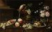Naturmaling med blomster og frugt, en papegøje og forskellige insekter på en kant - Johann Amandus Winck — visning af kunstværket