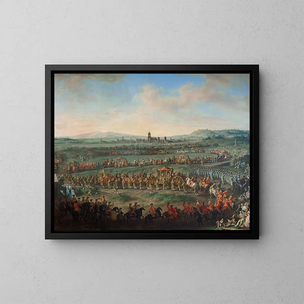 kejser François I' indgang, Étienne og hans søn Joseph II i Frankfurt den 29. marts 1764 - Johann Dallinger von Dalling — indrammet kunstværk på væggen