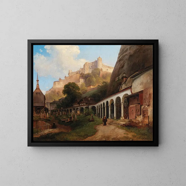 Vue du cimetière de Saint-Pierre à Salzbourg - Johann Fischbach — indrammet kunstværk på væggen