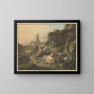 Johann Friedrich Morgenstern - Hirten auf Felsen eine Hirtin liegt vor einem Esel vorn Khe Schafe und Ziegen im Hintergrund Ruinen mit einer Brcke.webp
