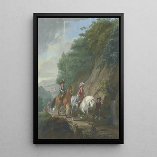 Johann Georg Pforr - Ein rotgekleideter Kavalier auf einem Schimmel mit Gefolge reitet auf einem steilen Bergweg ber eine Holzbrcke bei einem Wasserfall.webp