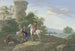 Jæger med heste og jagthunde, der stopper ved en ruin - Johann Georg Pforr — visning af kunstværket