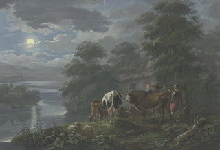 Johann Georg Pforr - Mondscheinlandschaft an einem Flu Hirte und Hirtin treiben das Vieh zum Hof.webp