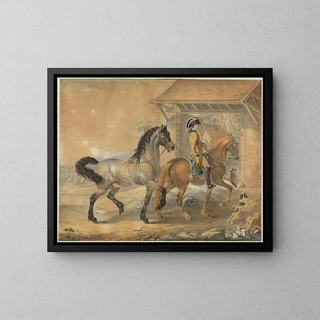 Johann Georg Pforr - Soldat mit 2 Pferden vor Gehft.webp