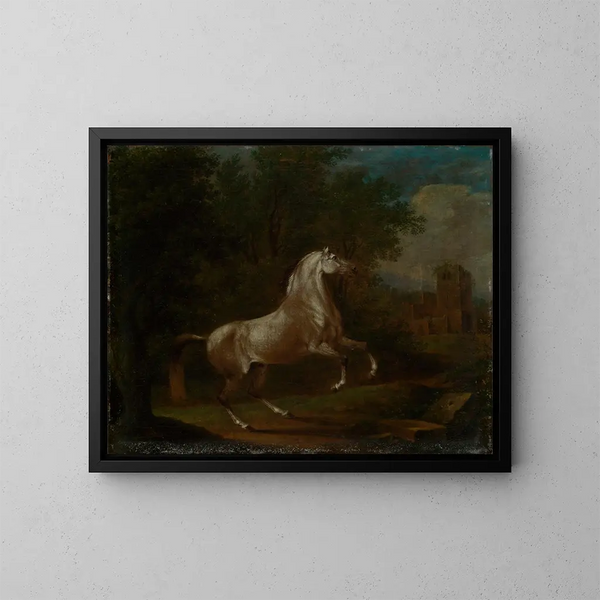 Hvid hest ridende - Johann Georg Pforr — indrammet kunstværk på væggen