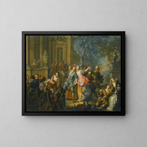 En elegant selskab, der leger foran et palads - Johann Georg Platzer — indrammet kunstværk på væggen