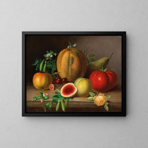 Køkkenets stilleben med melon, tomat, æbler, pærer og ærter i blomst - Johann Georg Seitz — indrammet kunstværk på væggen