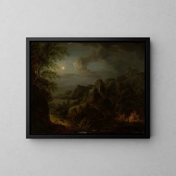 Landskabsmaleri med fuldmåne - Johann Georg Trautmann — indrammet kunstværk på væggen