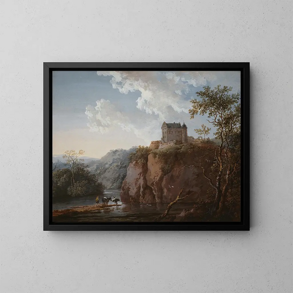 Château sur un rocher au-dessus d'une vallée inondée - Johann Georg Wagner — indrammet kunstværk på væggen