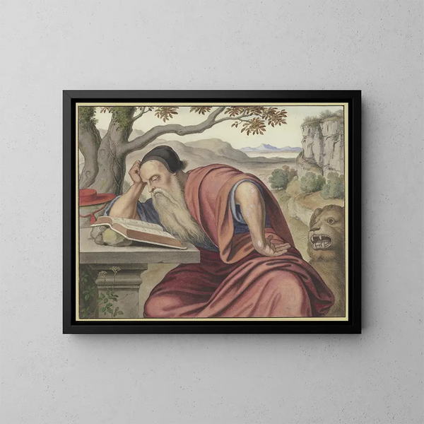 Saint Jérôme, der læser i et landskab - Johann Heinrich Ferdinand Olivier — indrammet kunstværk på væggen