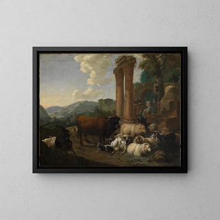 Johann Heinrich Roos | Scene af hyrder i et landskab med romerske ruiner — indrammet kunstværk på væggen