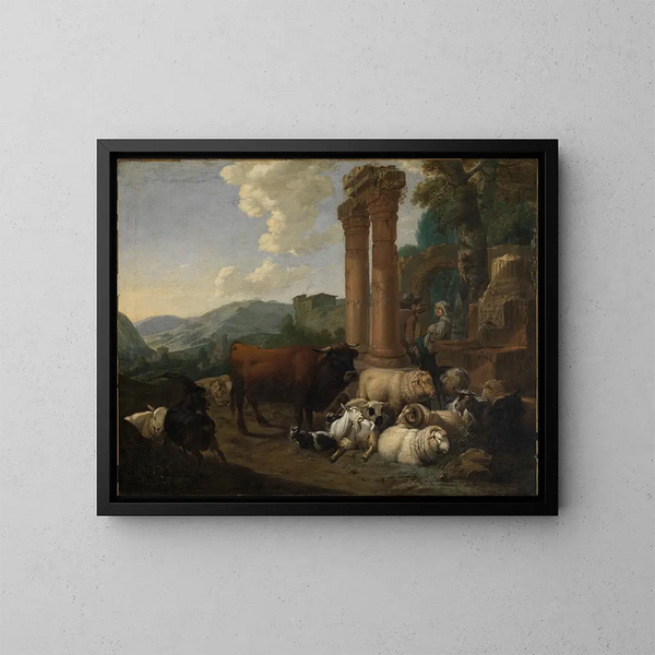Johann Heinrich Roos | Scene af hyrder i et landskab med romerske ruiner — indrammet kunstværk på væggen