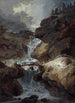 Cascade i en kløft med klipper under tordenvejr - Johann Heinrich West — visning af kunstværket