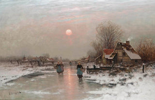 Johann Jungblut - Dutch peasants on a frozen waterway at sundown.webp
