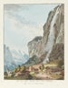med vandfald kaldet Staubbach i Lauterbrunnen-dalen - Johann Ludwig Aberli — visning af kunstværket